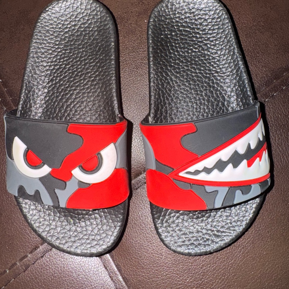 Kids Slide Sandals with Fun Monster Design - Red and Black